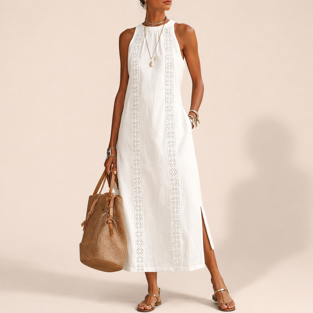 Jimena | Vestido midi de lino con cuello mao