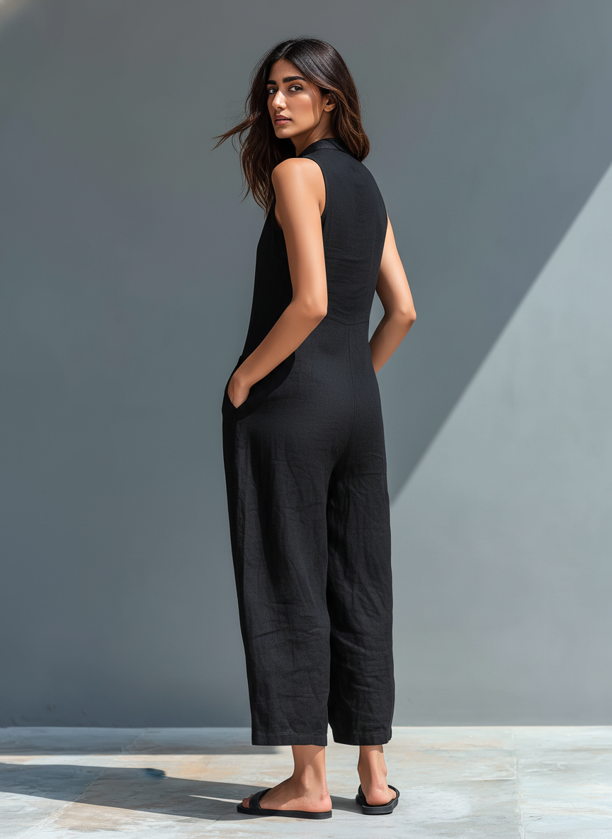 Claudia | Mono minimalista de lino para mujer, sin mangas, cuello alto y botones