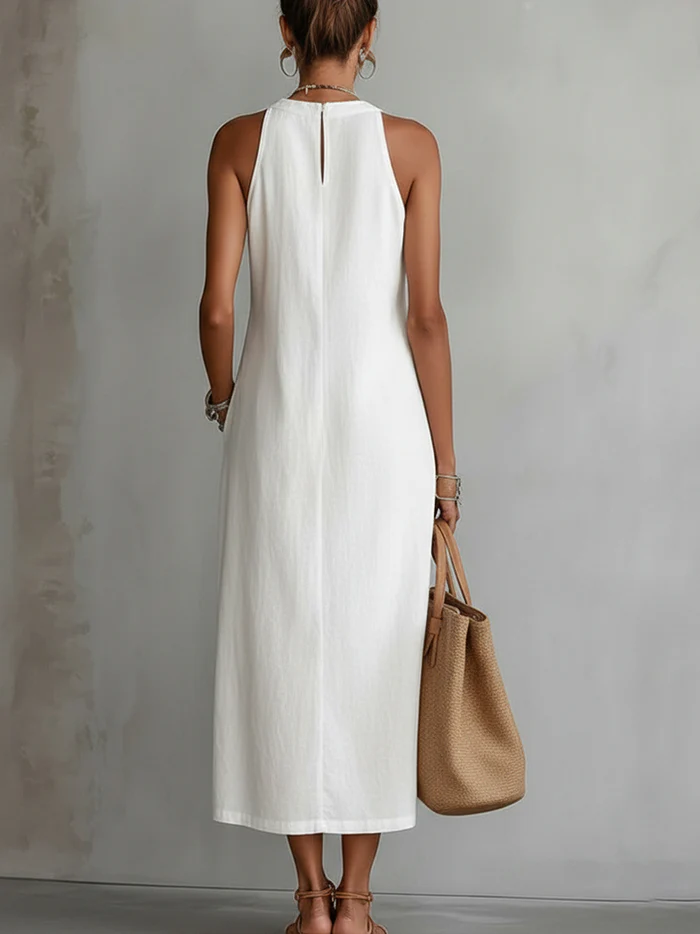 Jimena | Vestido midi de lino con cuello mao